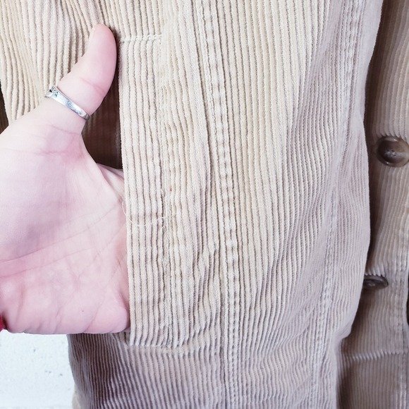 Lucky Brand Womens Large Long Corduroy Jacket Faux Fur Collar Tan Button Front - Picture 6 of 10